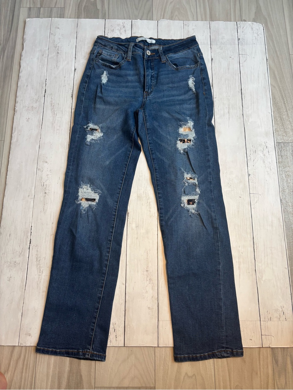 Womens KanCan Blue Denim Jeans with Leopard Contrast Stitching